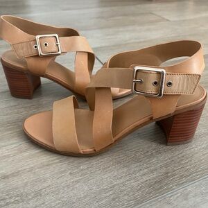 Franco Sarto Helga Heeled Tan Leather Open Toe Block Heel - Brand New-Never Worn